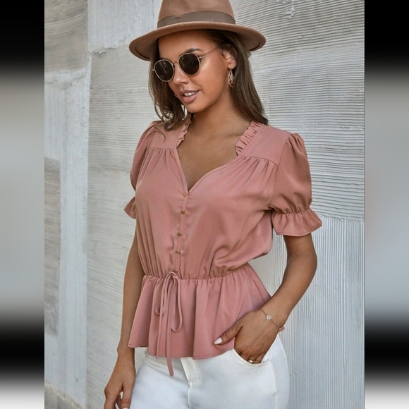 Solid Frill Trim Babydoll Blouse - Picture 5 of 5